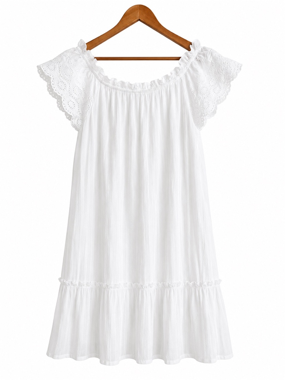 Off-Shoulder White Mini Dress with Eyelet Trim - Picture 2 of 9
